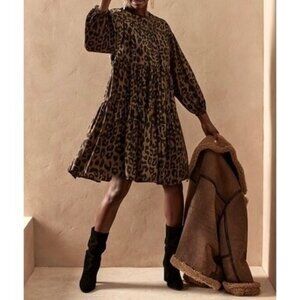 Banana Republic Womens Leopard Print Satin Tiered Mini Dress Brown Black size S